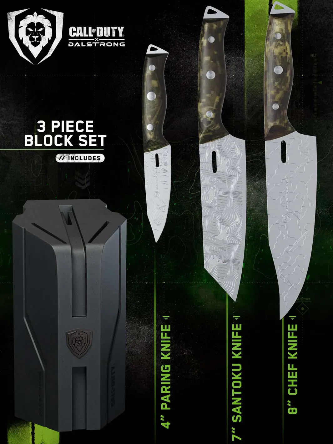 3-Piece Knife Set with Block | Call of Duty © Edition | Rubberwood Knife Block | EXCLUSIVE COLLECTOR SET | Dalstrong ©