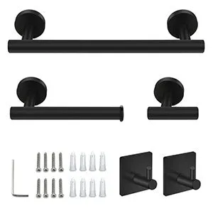 5-Pieces Matte Black Bathroom Hardware Set SUS304 Stainless Steel Round Wall Mounted - Includes 12" Hand Towel Bar, Toilet Paper Holder, 3 Robe Towel Hooks, Bathroom Accessories Kit