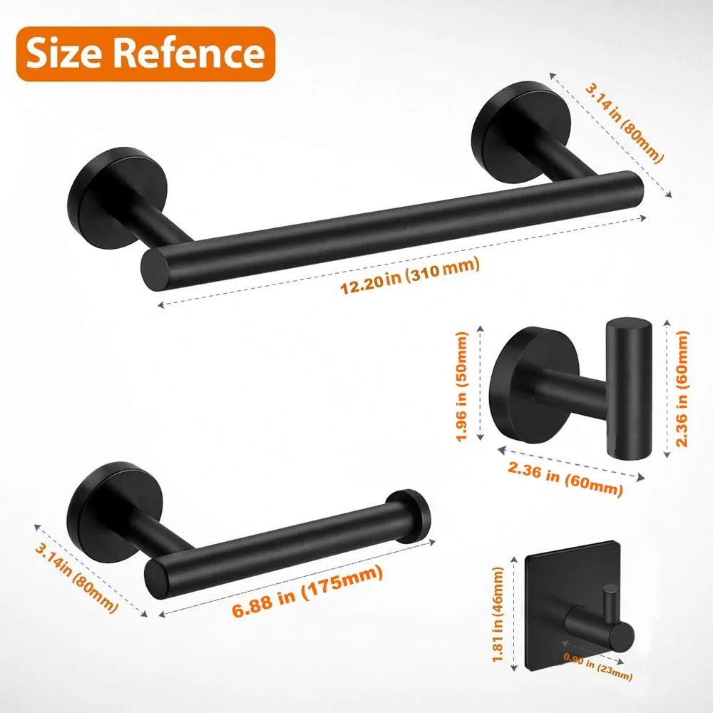 5-Pieces Matte Black Bathroom Hardware Set SUS304 Stainless Steel Round Wall Mounted - Includes 12" Hand Towel Bar, Toilet Paper Holder, 3 Robe Towel Hooks, Bathroom Accessories Kit