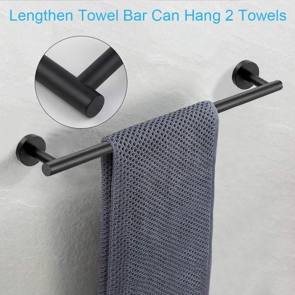 5-Pieces Matte Black Bathroom Hardware Set SUS304 Stainless Steel Round Wall Mounted - Includes 12" Hand Towel Bar, Toilet Paper Holder, 3 Robe Towel Hooks, Bathroom Accessories Kit