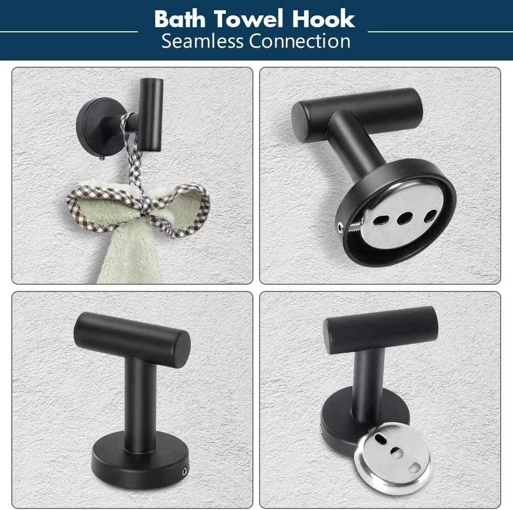 5-Pieces Matte Black Bathroom Hardware Set SUS304 Stainless Steel Round Wall Mounted - Includes 12" Hand Towel Bar, Toilet Paper Holder, 3 Robe Towel Hooks, Bathroom Accessories Kit