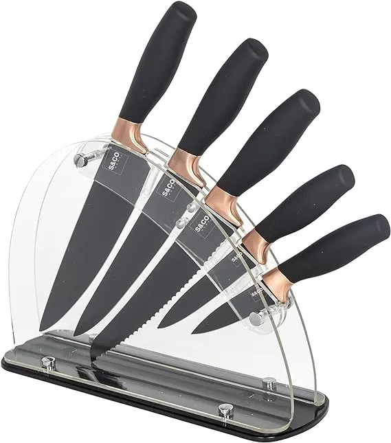 6 Pcs Kitchen Knife Set with Acrylic Block - Super-Sharp Steel Knives with Non-Stick Coating - Chef, Bread, Carving, Utility, Paring Knives - Stylish Cooking Tools with Black, Rose Gold Handle