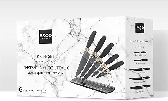 6 Pcs Kitchen Knife Set with Acrylic Block - Super-Sharp Steel Knives with Non-Stick Coating - Chef, Bread, Carving, Utility, Paring Knives - Stylish Cooking Tools with Black, Rose Gold Handle