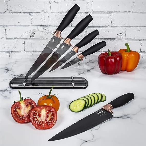 6 Pcs Kitchen Knife Set with Acrylic Block - Super-Sharp Steel Knives with Non-Stick Coating - Chef, Bread, Carving, Utility, Paring Knives - Stylish Cooking Tools with Black, Rose Gold Handle