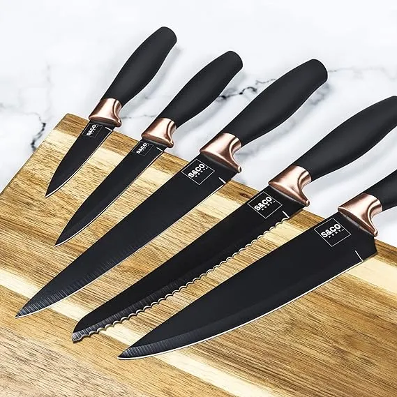 6 Pcs Kitchen Knife Set with Acrylic Block - Super-Sharp Steel Knives with Non-Stick Coating - Chef, Bread, Carving, Utility, Paring Knives - Stylish Cooking Tools with Black, Rose Gold Handle