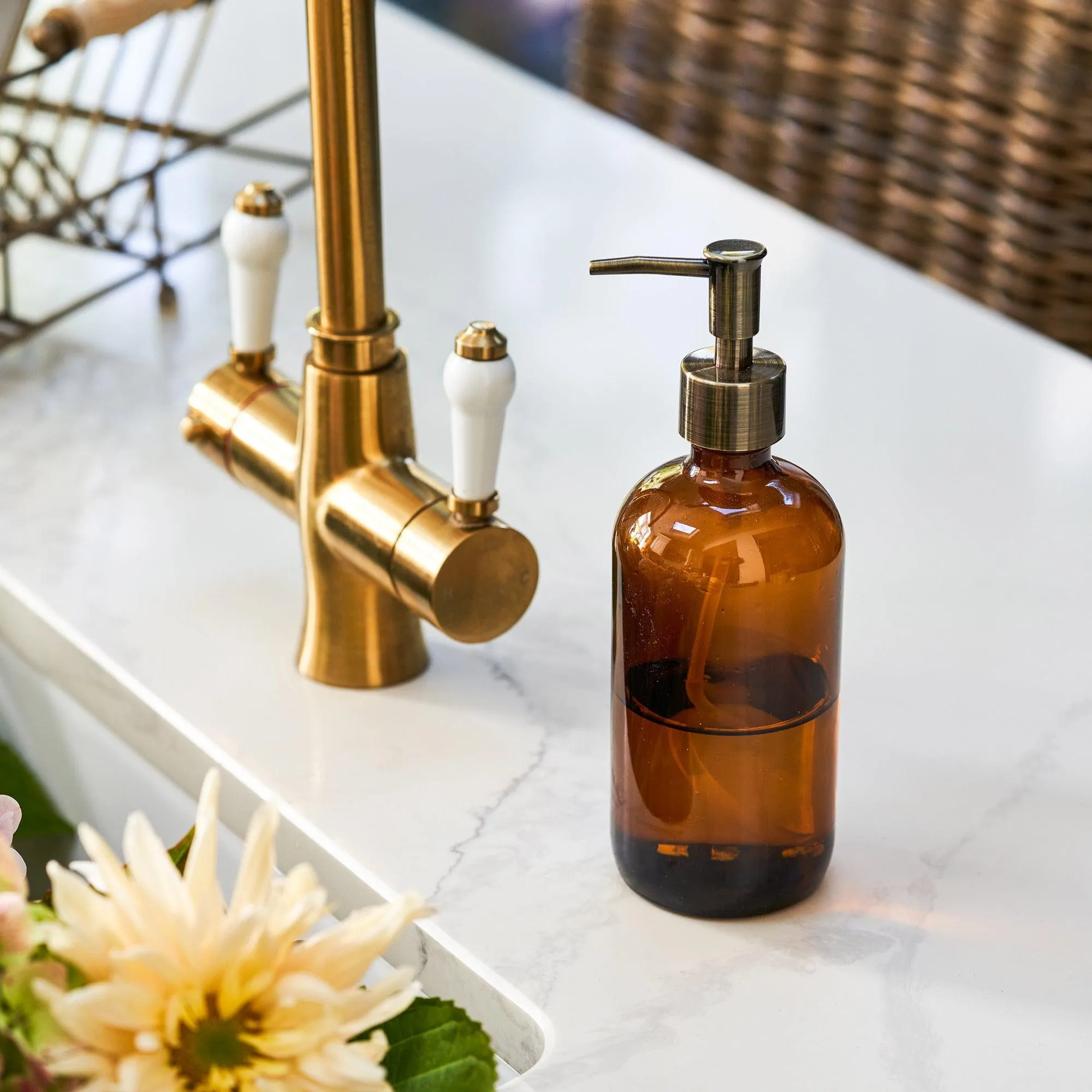 Amber Glass Bottle Soap Dispenser   Brass Pump