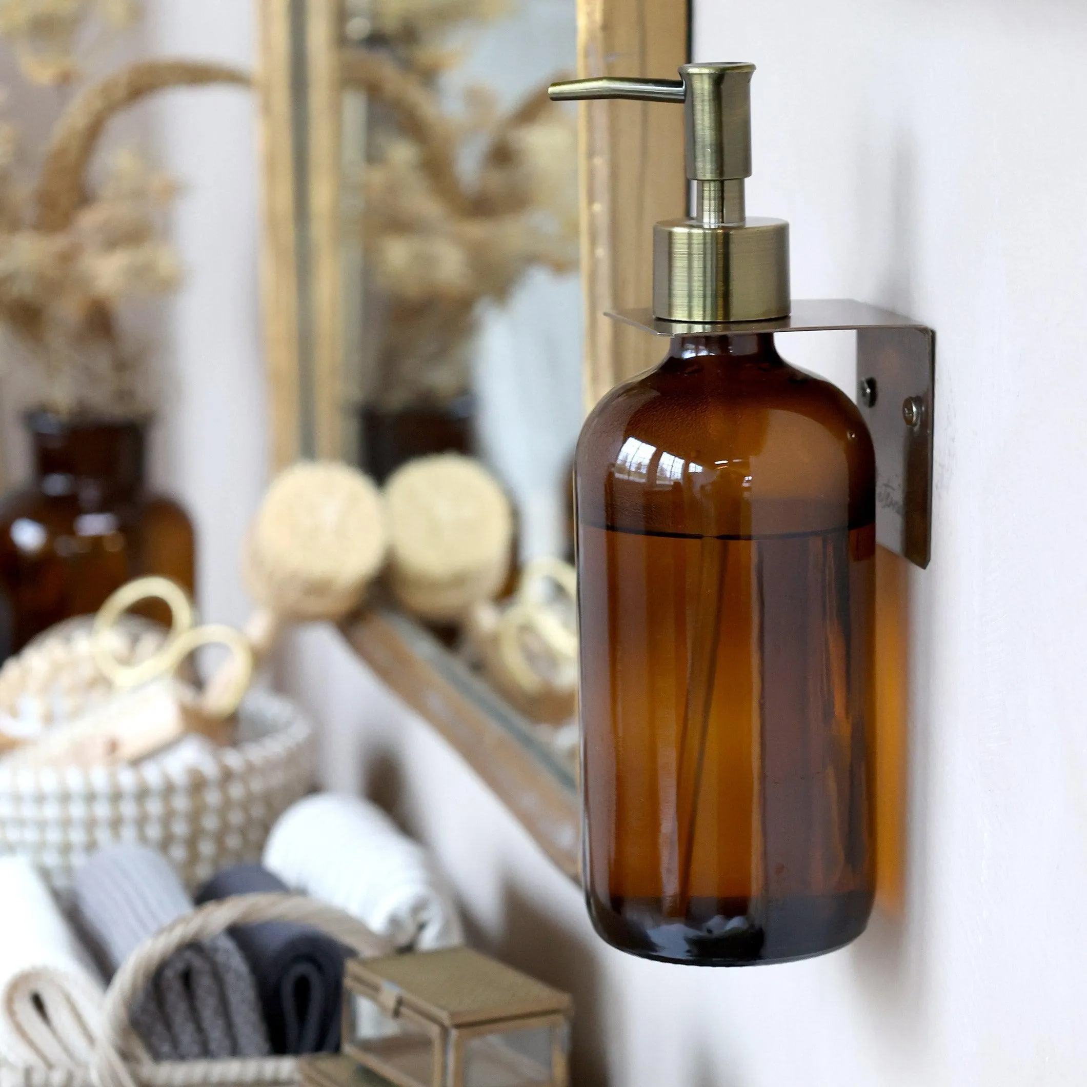 Amber Glass Bottle Soap Dispenser   Brass Pump