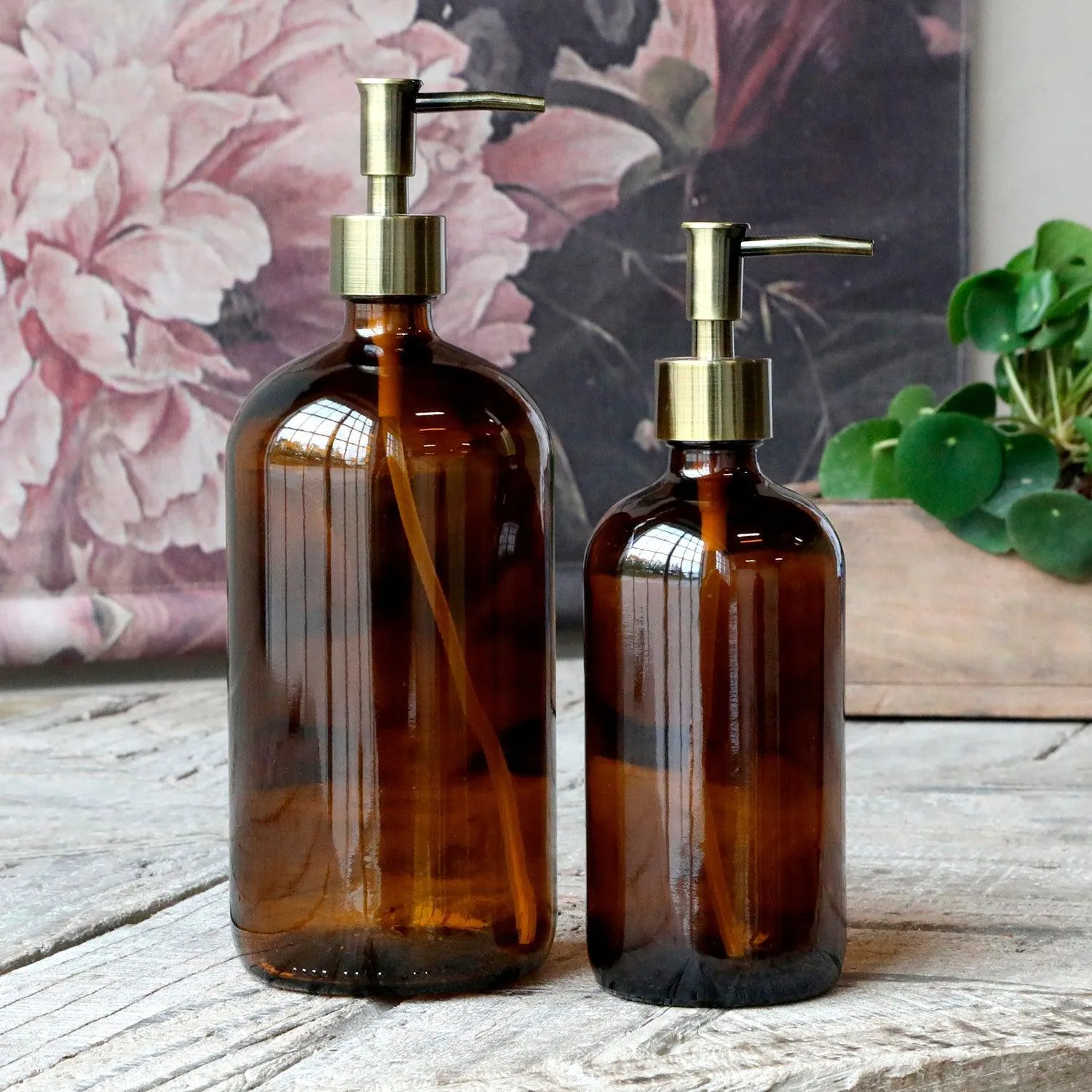 Amber Glass Bottle Soap Dispenser   Brass Pump