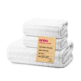 Anko Australia 100% Cotton 700 GSM Ribbed Towel Set | 1 Bath Towel, 2 Hand Towels | Super-Soft, Absorbent, Quick-Drying | White Cotton Towels for Bath, Travel & Gym | 135x68cm & 60x40cm