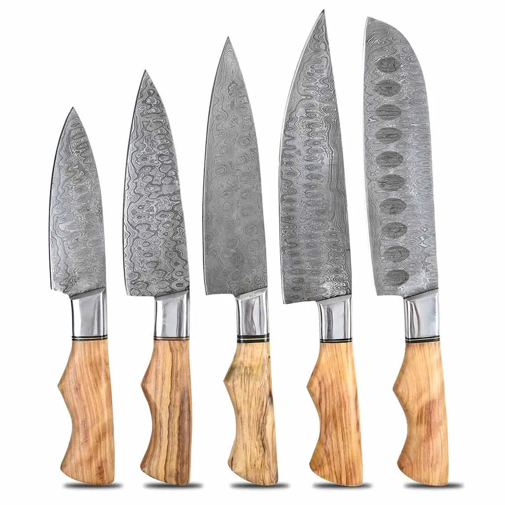 Damascus Kitchen Knife Set of 5 with Olive-Wood & Brass Handles KST1603BNE