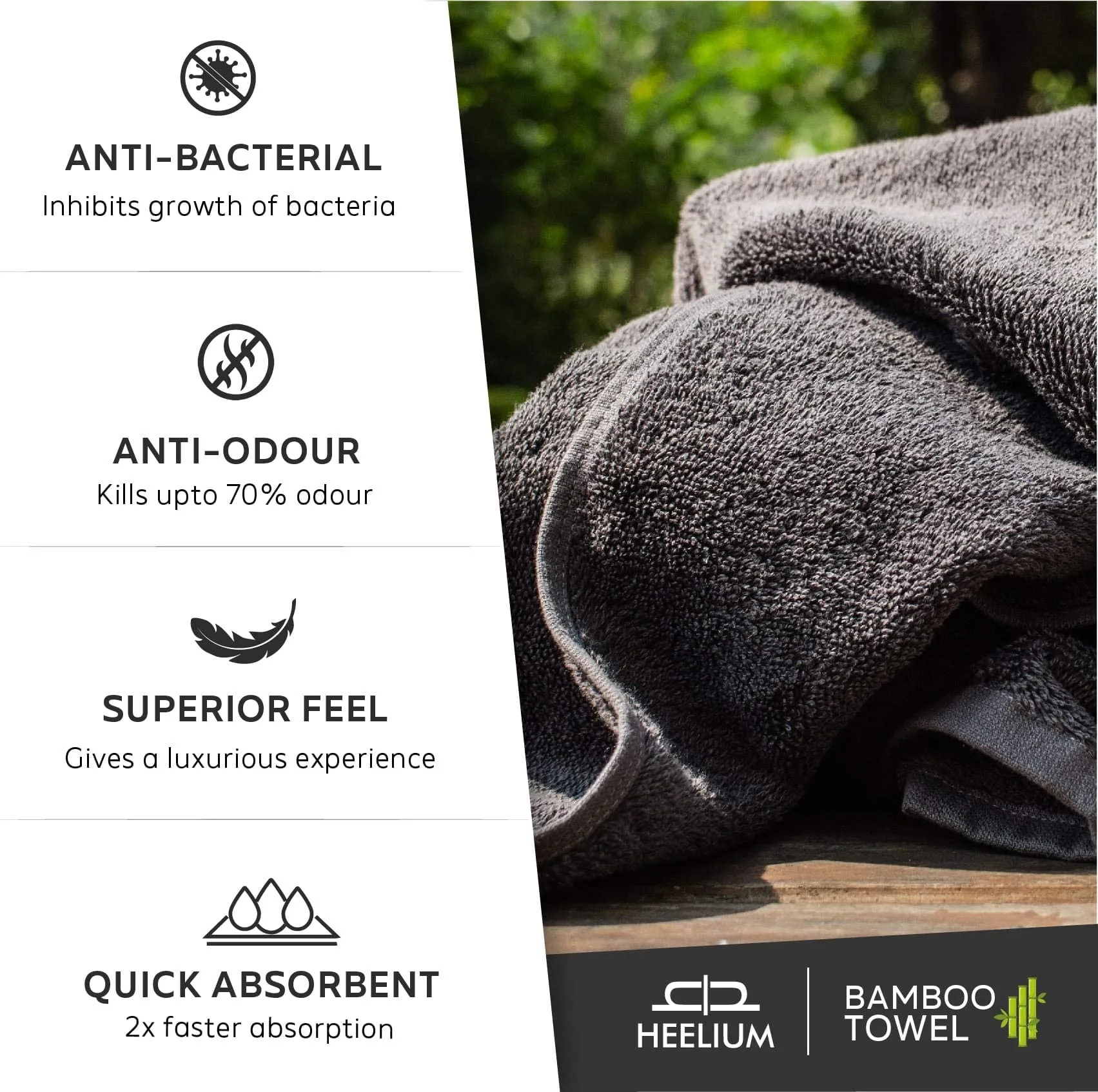 HEELIUM Bamboo Bath Towel, Super Absorbent, Soft, 600 GSM, 140 cm x 70 cm, Pack of 1 - grey