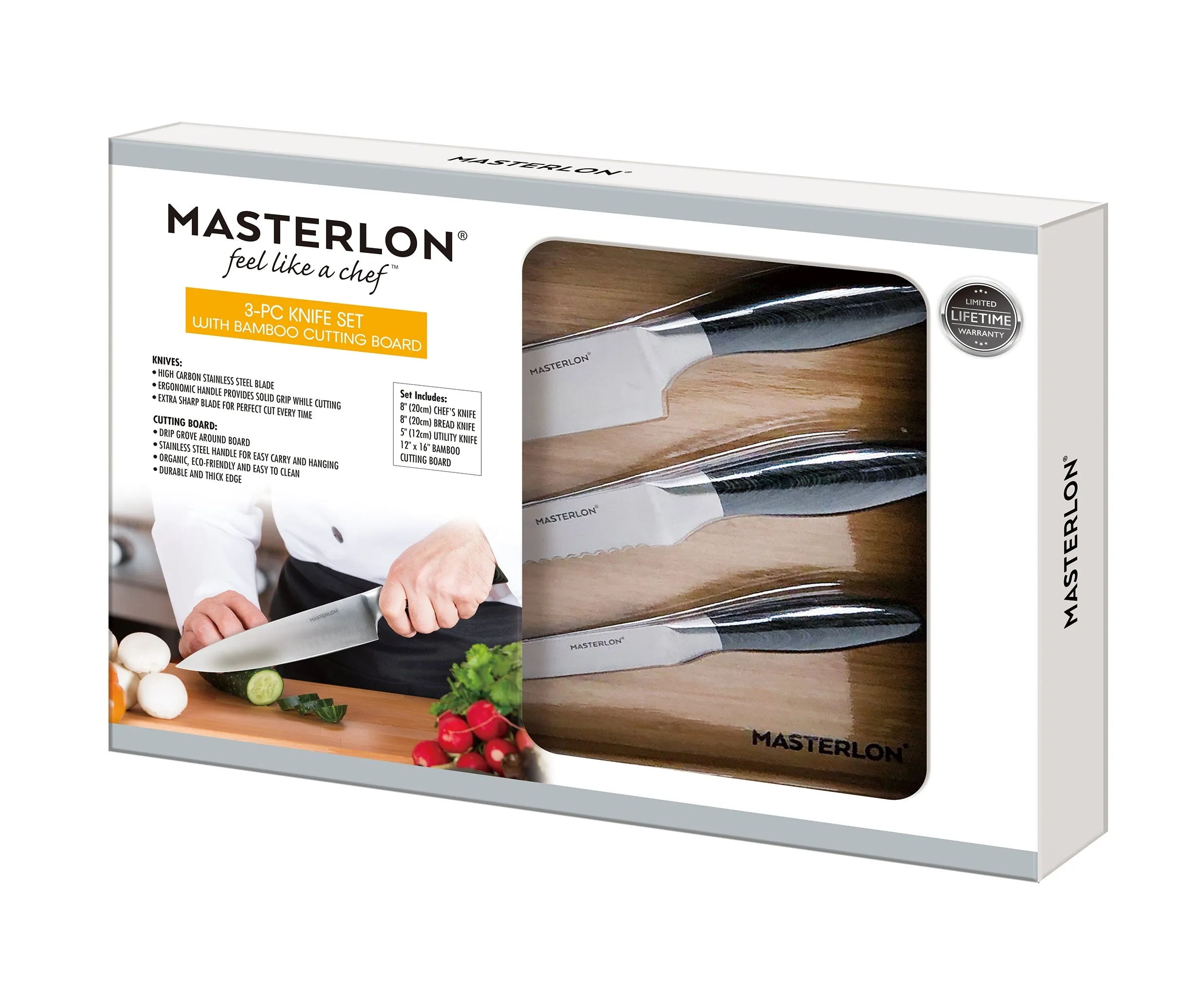 MASTERPAN 4-Pc Knife Set with Bamboo Cutting Board, 12x16" (30x40cm)