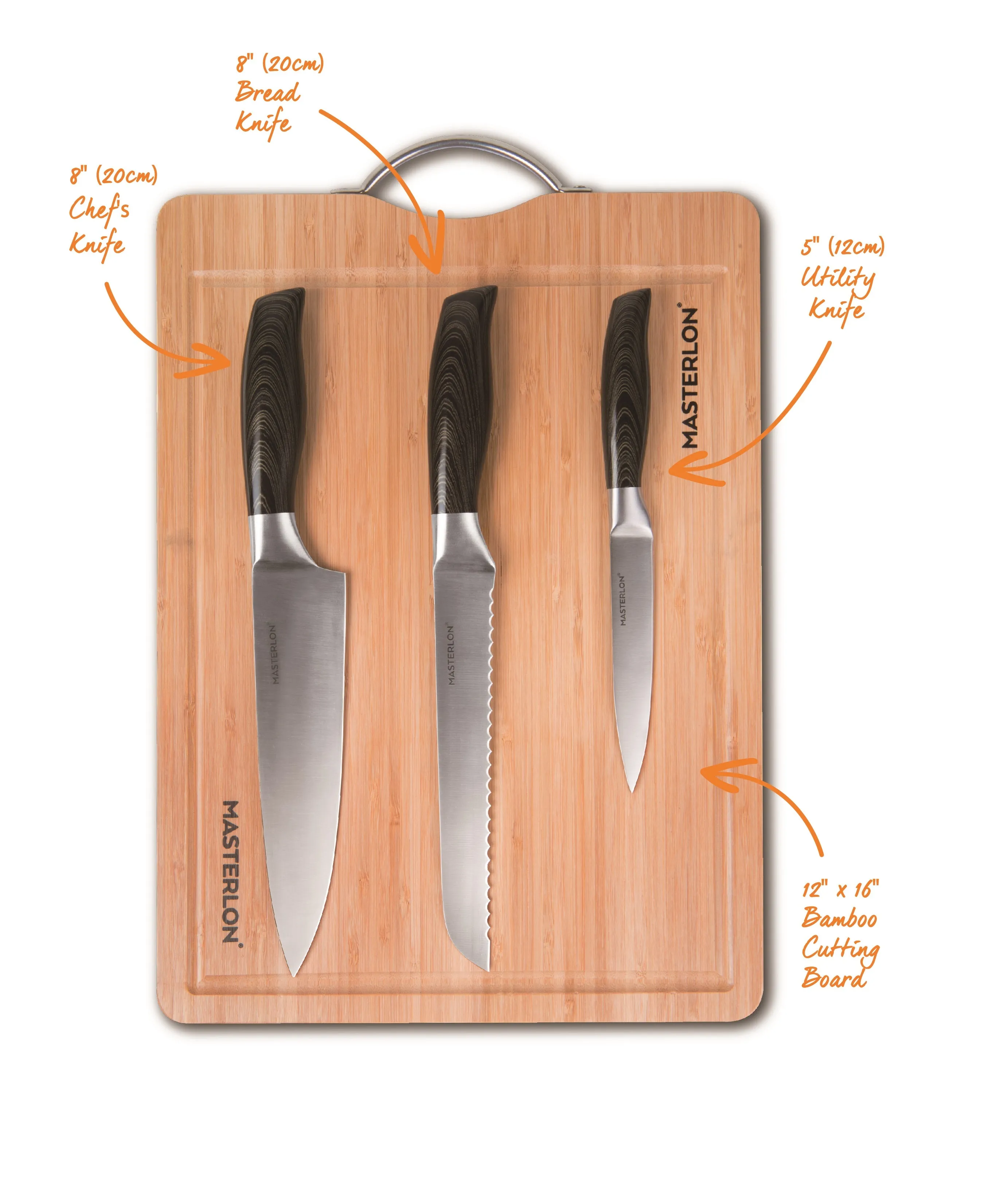 MASTERPAN 4-Pc Knife Set with Bamboo Cutting Board, 12x16" (30x40cm)