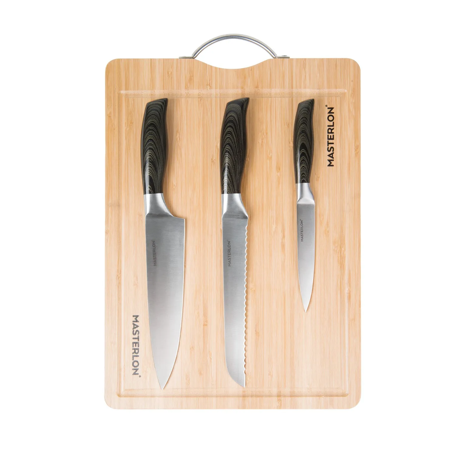 MASTERPAN 4-Pc Knife Set with Bamboo Cutting Board, 12x16" (30x40cm)