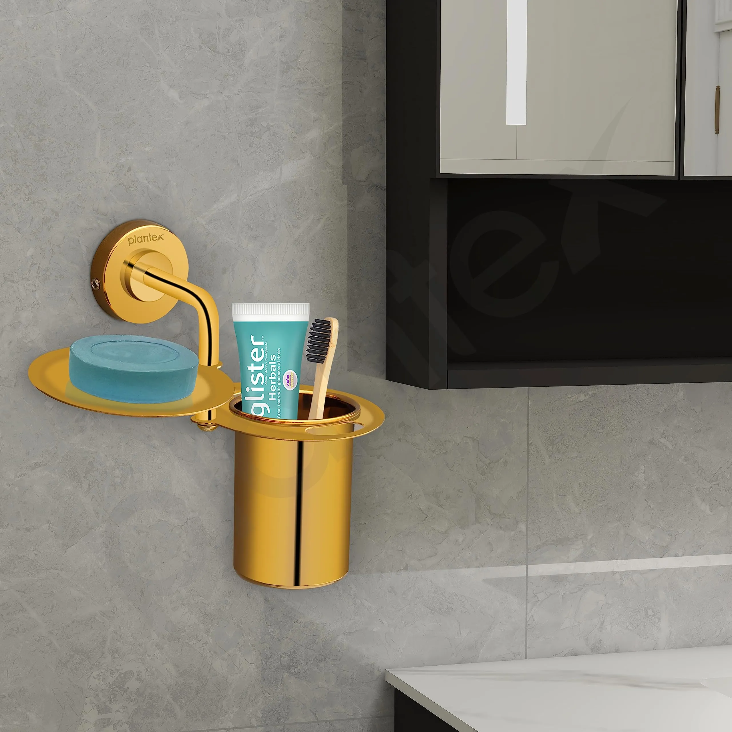 Plantex Daizy Gold Toothbrush, Paste and Tumbler Holder for Bathroom and wash Basin (304 Stainless Steel)