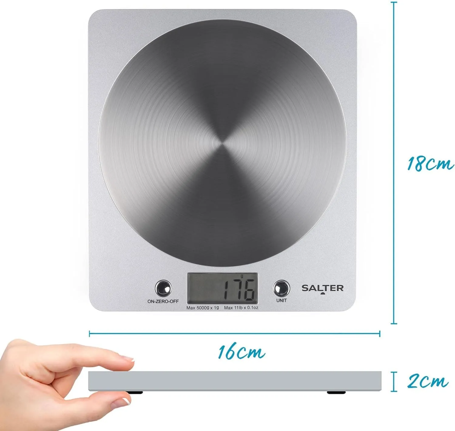 Salter 1036 SVSSDR Digital Kitchen Scale - 5kg Capacity, Aquatronic Liquid Measurement, Add & Weigh Function, Easy-Read LCD, Battery Included