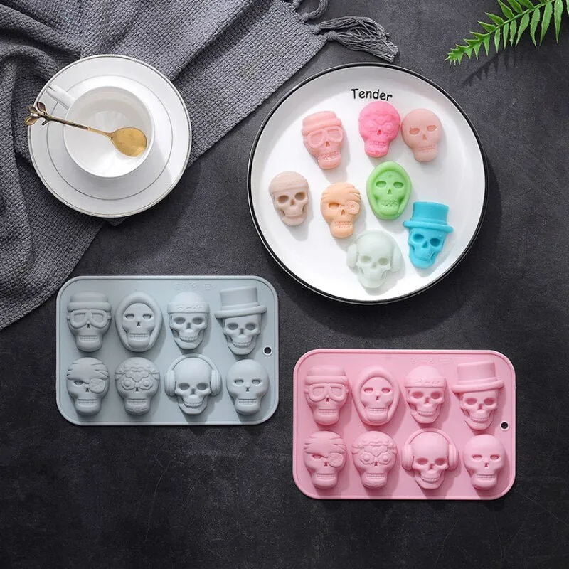 Skull Cake Mold - Halloween Silicone Mold 8 -hole for Jelly Cake, Ice Cube, Crayon, Soap, Halloween Party Decorations