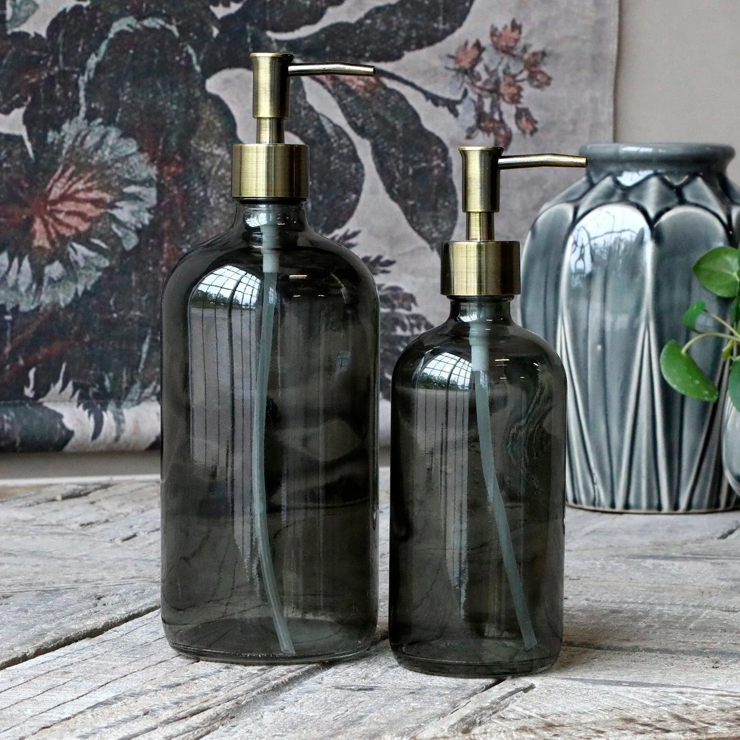 Smoke Glass Bottle Soap Dispenser   Brass Pump