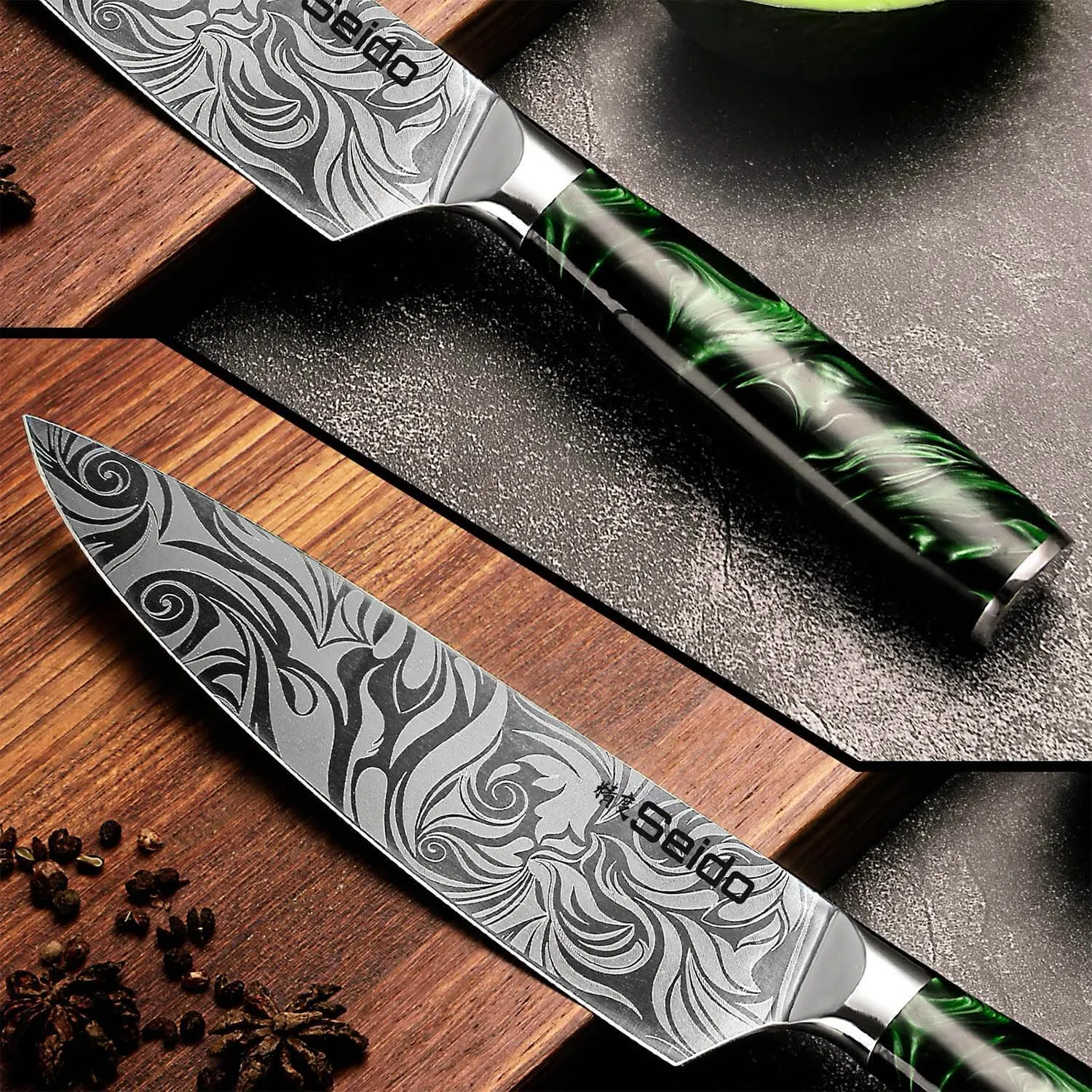 Tengoku 8-Piece Chef Knife Set, Green