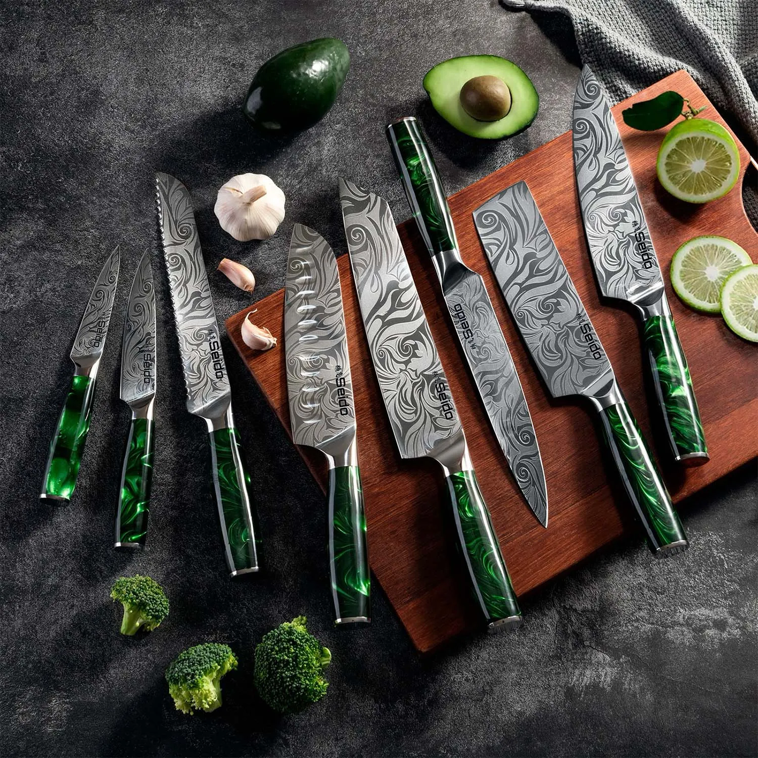 Tengoku 8-Piece Chef Knife Set, Green