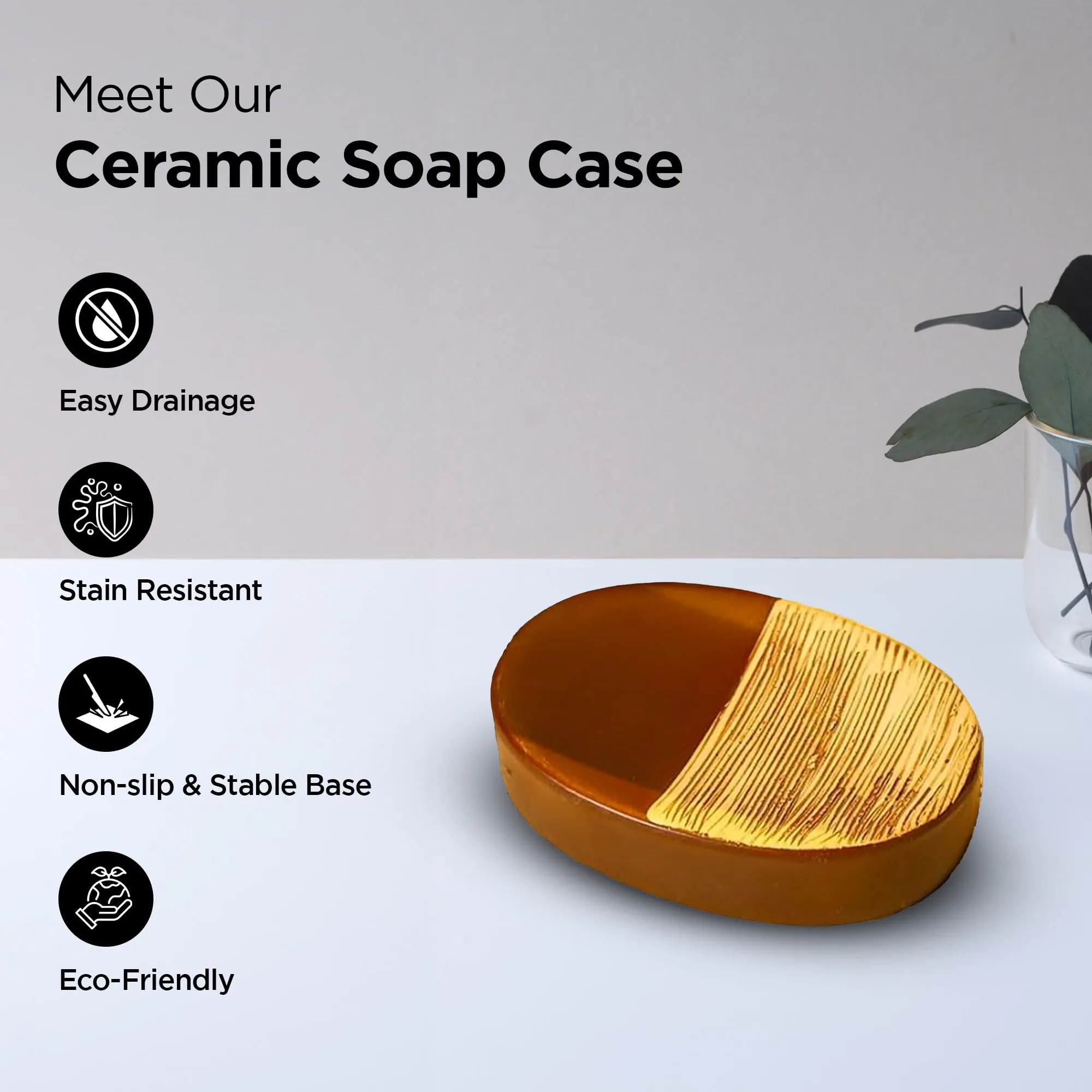 UMAI Soap Holder for Bathroom (17cm) | Ceramic Soap Case | Soap Holder for Kitchen Sink | Stain & Chip Resistant Soap Dish for Bathroom | Soap Stand for Bathroom Non Slip Base- Brown