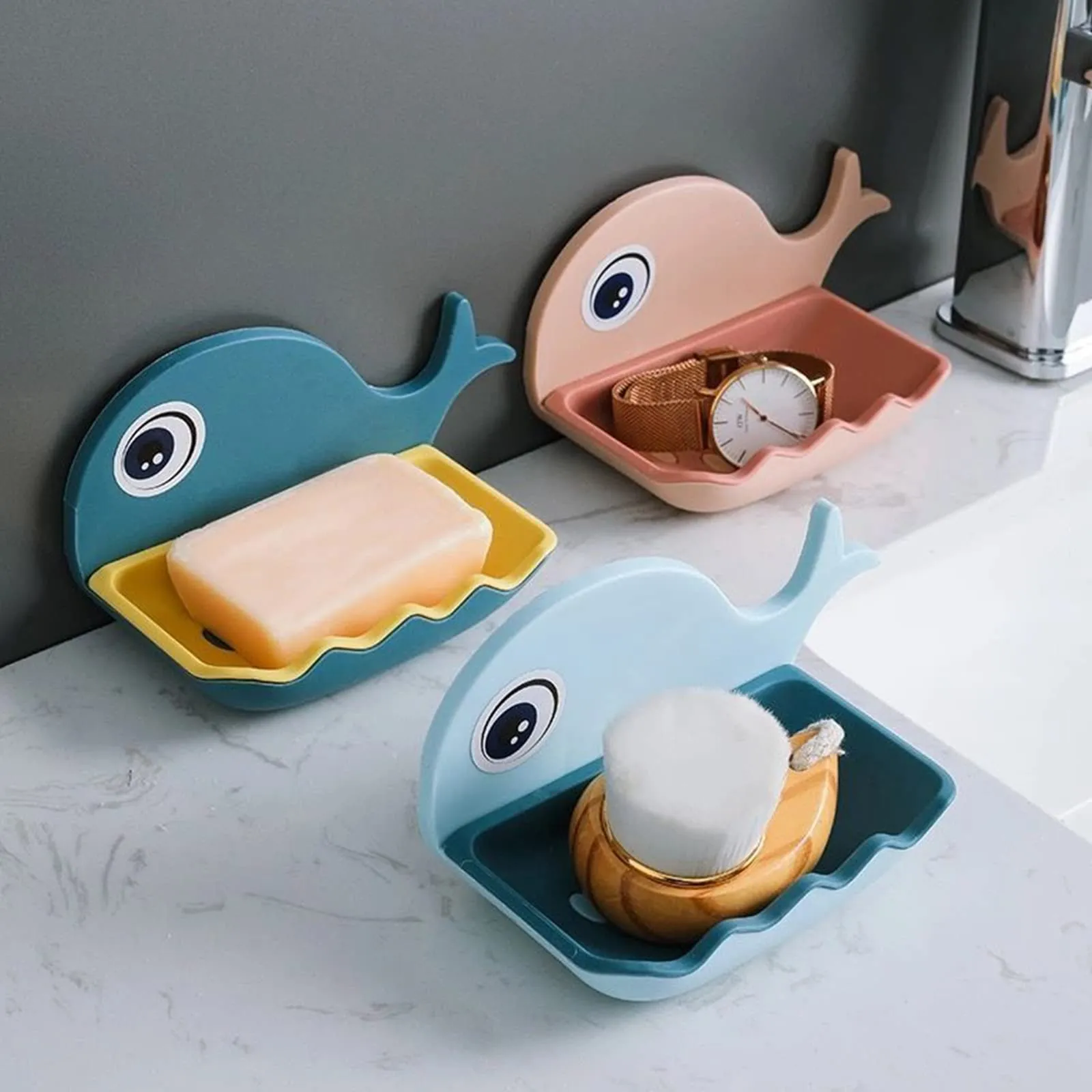 wolpin Soap Stand Holder For Bathroom Kitchen Sink Magic Stickers Wall Mounted (Pack Of 2 Pcs) Soap Dish Holder, Fish Design Random Color(Plastic)