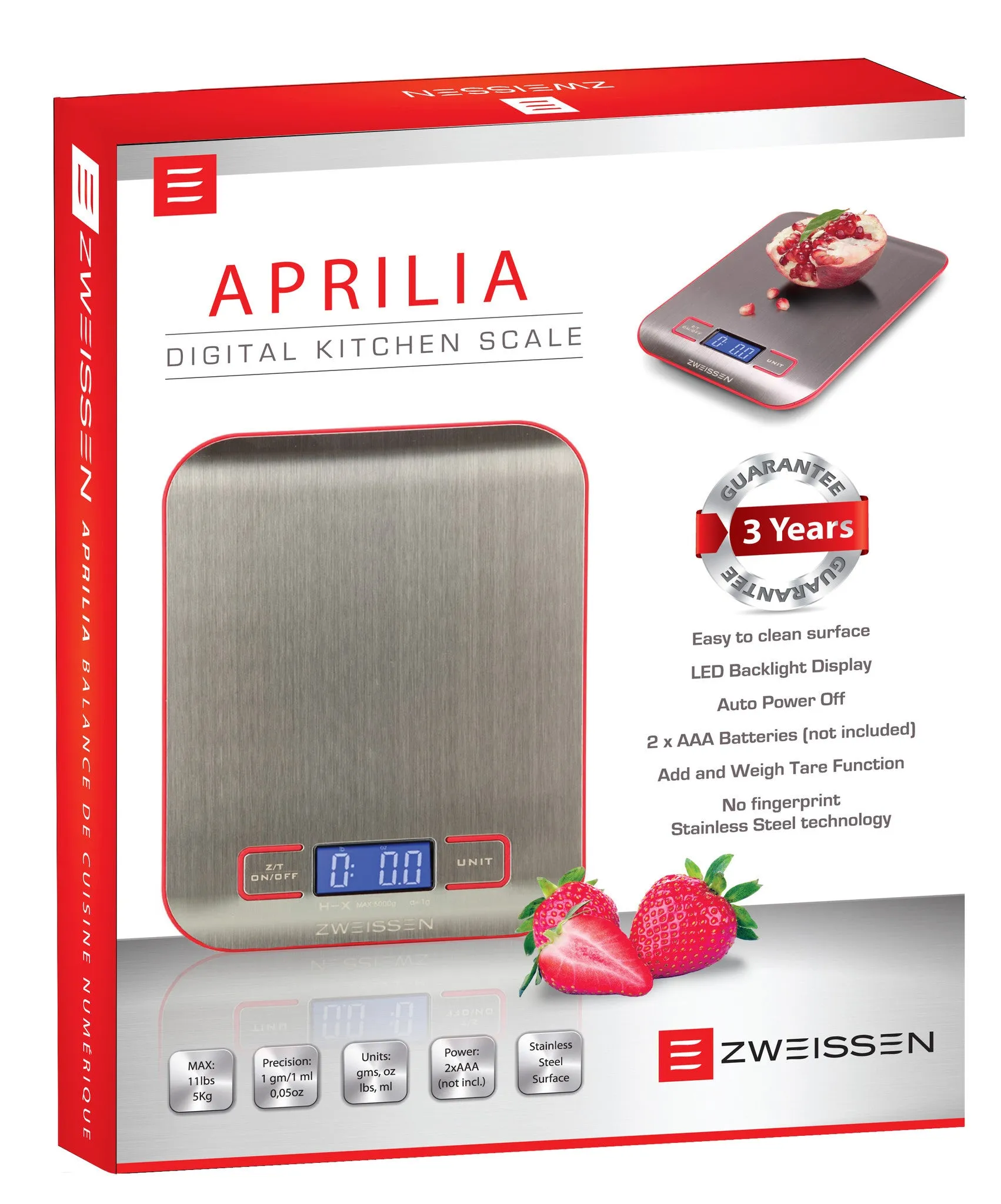 ZWEISSEN  Digital Scale: Aprilia - Red, 11lb capacity